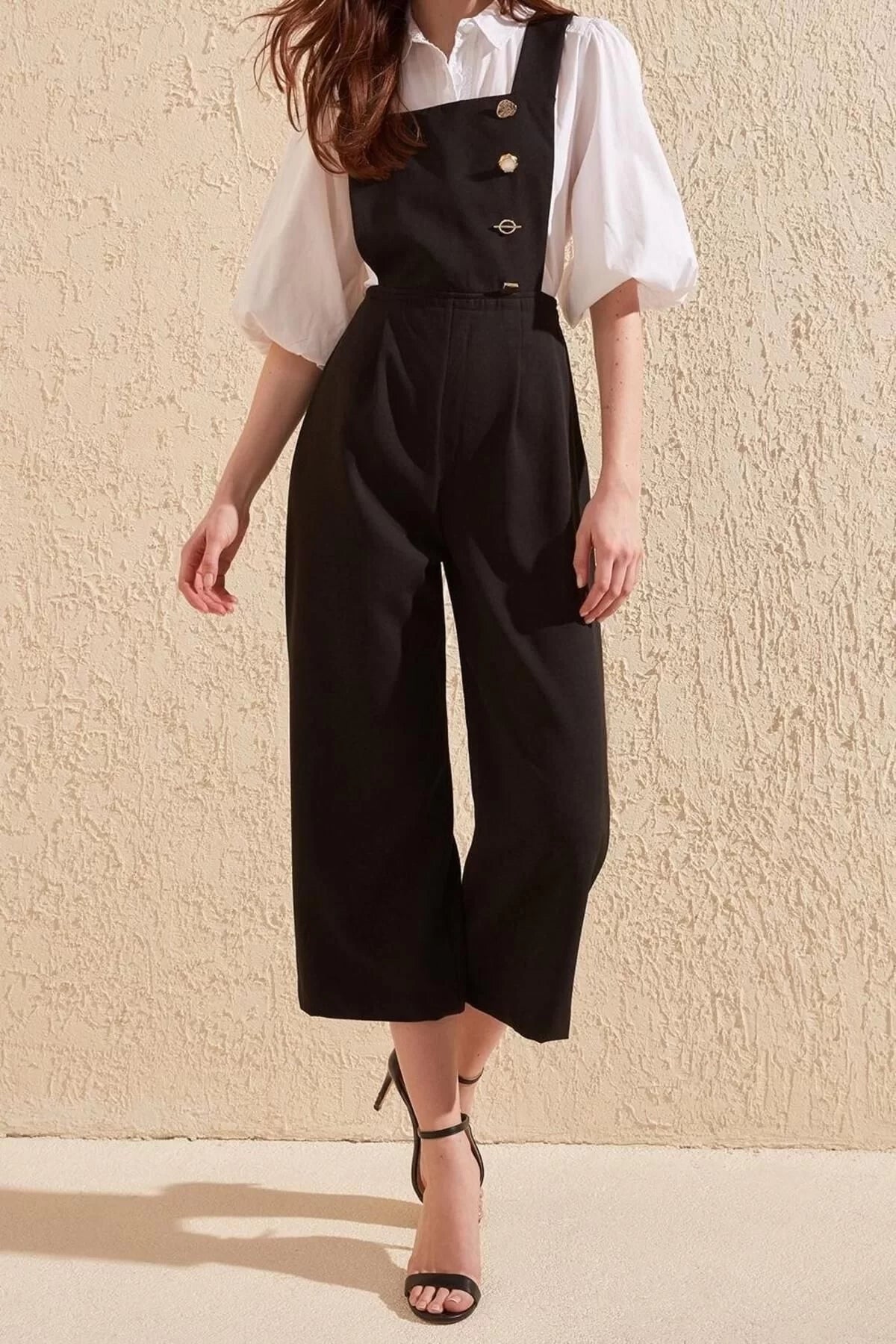 Women's Fashion Standard Sleeve Skinny Leg Square Collar Plain Pattern Long Button Detail Square Collar Woven Jumpsuit