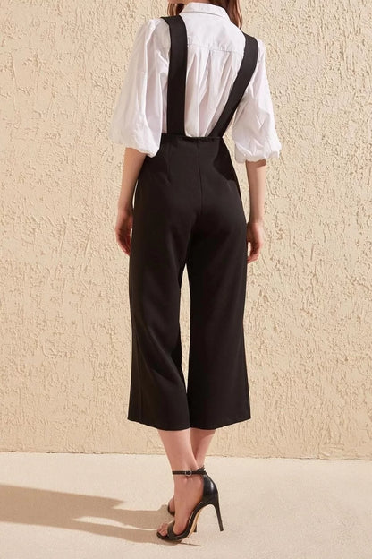 Women's Fashion Standard Sleeve Skinny Leg Square Collar Plain Pattern Long Button Detail Square Collar Woven Jumpsuit