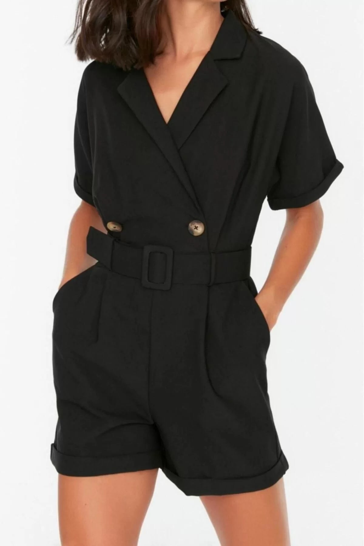 Women Fashion Standard Sleeve Wide Leg Double Breasted Plain Pattern Short Belted Double Breasted Collar Mini Woven Jumpsuit