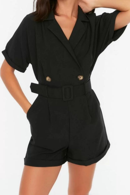 Women Fashion Standard Sleeve Wide Leg Double Breasted Plain Pattern Short Belted Double Breasted Collar Mini Woven Jumpsuit