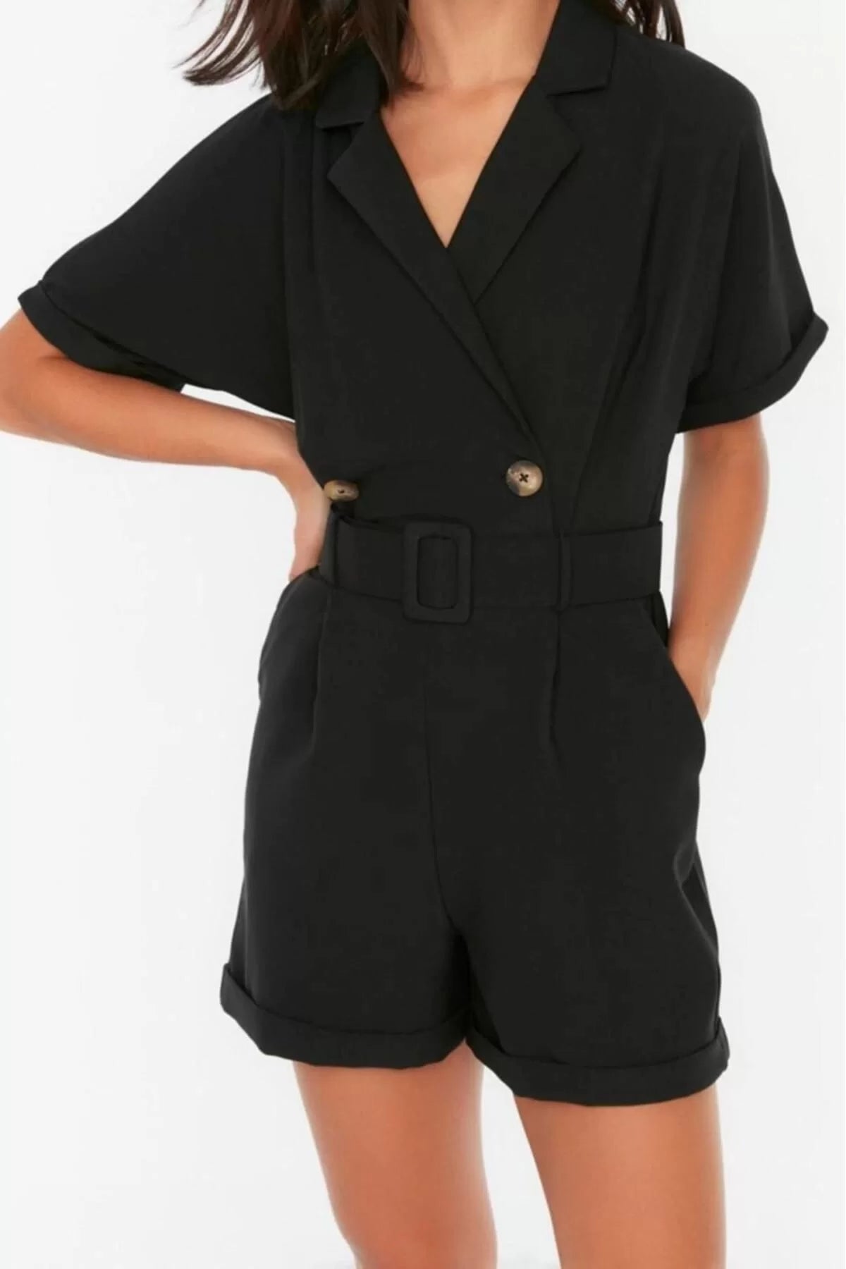 Women Fashion Standard Sleeve Wide Leg Double Breasted Plain Pattern Short Belted Double Breasted Collar Mini Woven Jumpsuit