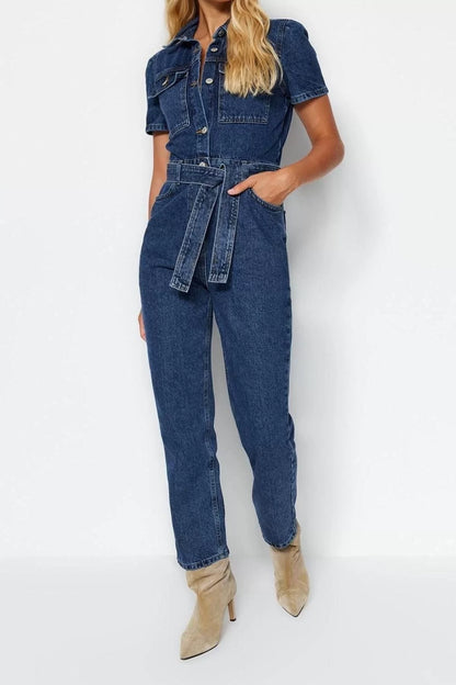 Women Fashion Regular Sleeve Straight Leg Jacket Collar Plain Pattern Long Belted Denim Jumpsuit