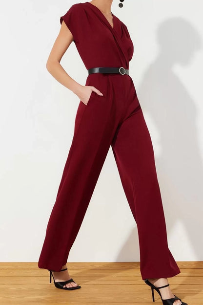 Women's Fashion Standard Sleeve Wide Leg Double Breasted Long Belted Double Breasted Collar Wide Leg Woven Jumpsuit