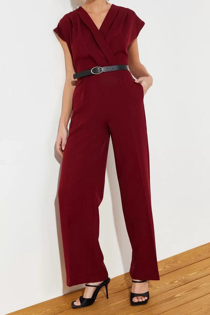 Women's Fashion Standard Sleeve Wide Leg Double Breasted Long Belted Double Breasted Collar Wide Leg Woven Jumpsuit