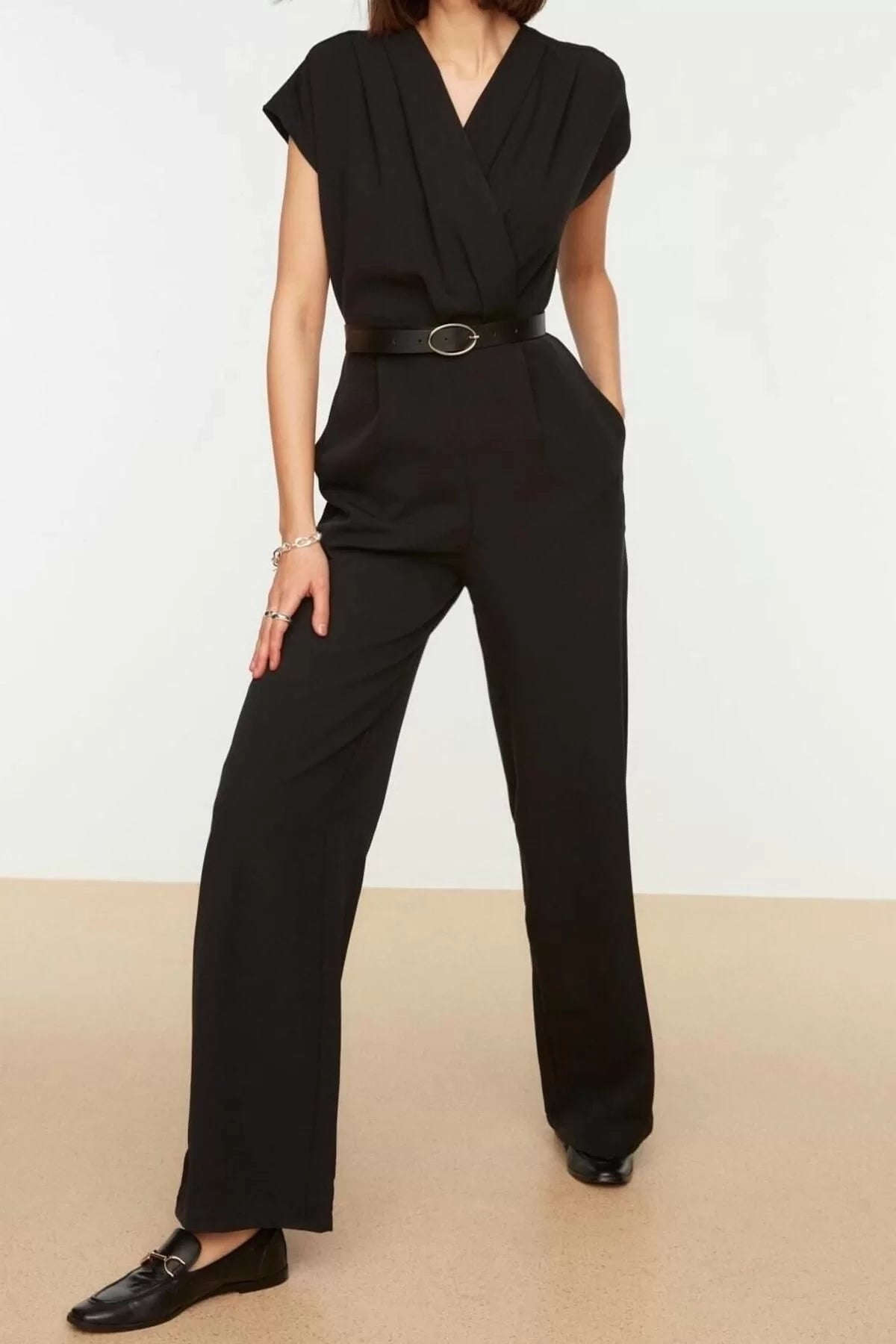 Women's Fashion Standard Sleeve Wide Leg Double Breasted Long Belted Double Breasted Collar Wide Leg Woven Jumpsuit