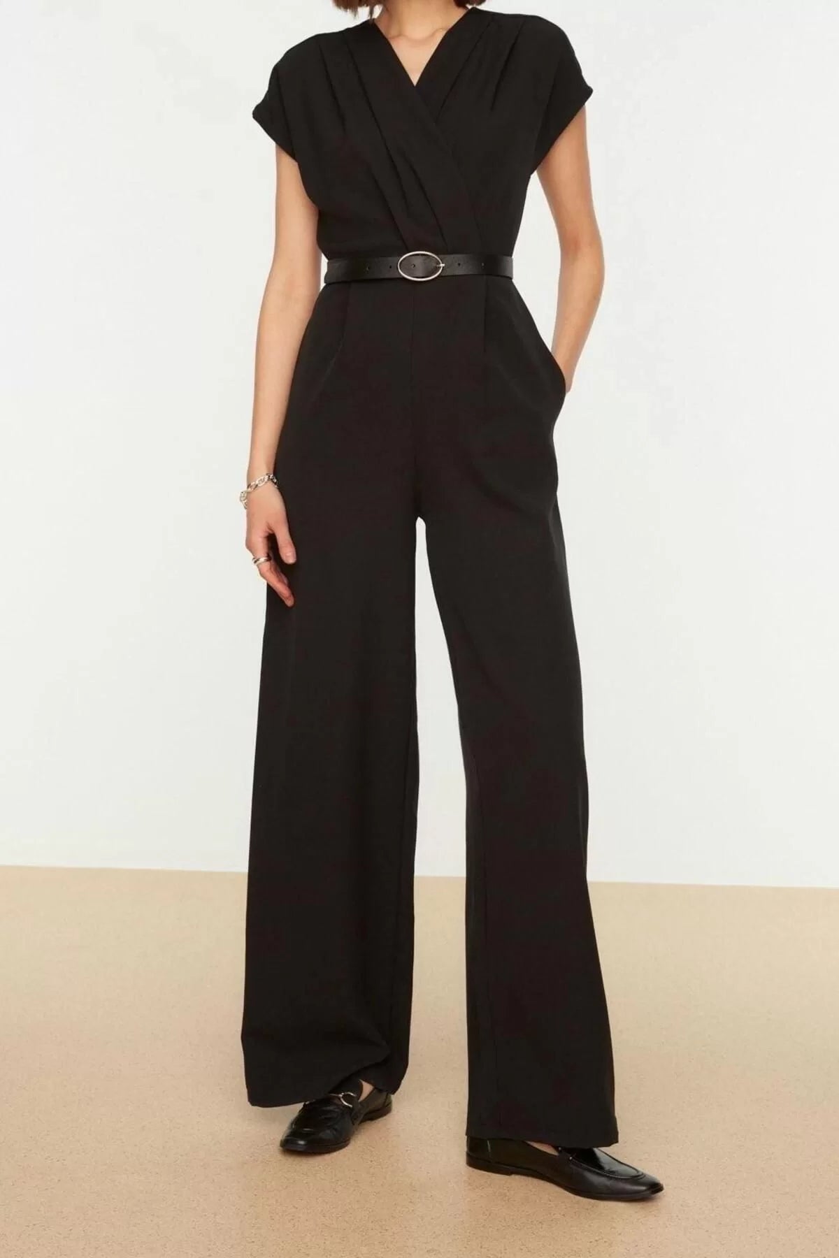 Women's Fashion Standard Sleeve Wide Leg Double Breasted Long Belted Double Breasted Collar Wide Leg Woven Jumpsuit