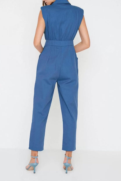 Women Fashion Standard Sleeve Wide Leg Shirt Collar Maxi Shirt Collar Sleeveless Gabardine Woven Jumpsuit