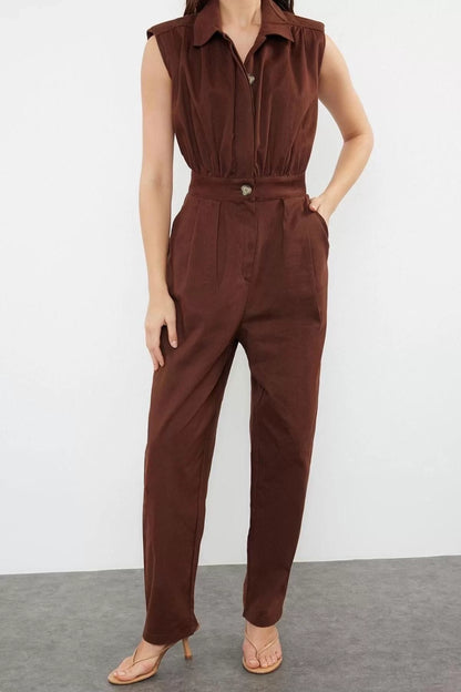 Women Fashion Standard Sleeve Wide Leg Shirt Collar Maxi Shirt Collar Sleeveless Gabardine Woven Jumpsuit