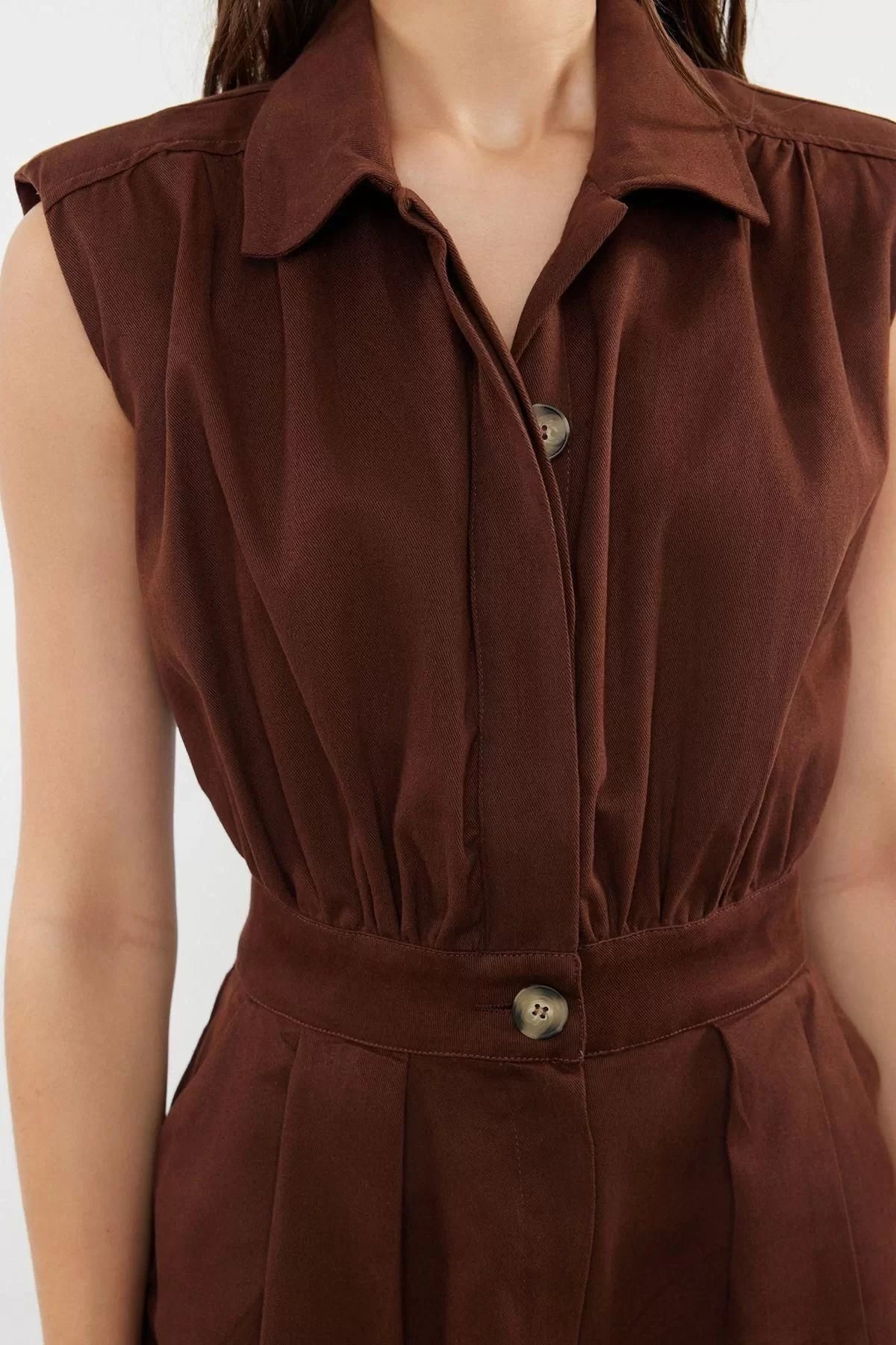 Women Fashion Standard Sleeve Wide Leg Shirt Collar Maxi Shirt Collar Sleeveless Gabardine Woven Jumpsuit