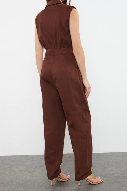 Women Fashion Standard Sleeve Wide Leg Shirt Collar Maxi Shirt Collar Sleeveless Gabardine Woven Jumpsuit