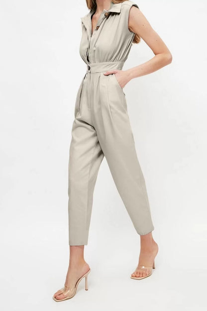 Women Fashion Standard Sleeve Wide Leg Shirt Collar Maxi Shirt Collar Sleeveless Gabardine Woven Jumpsuit