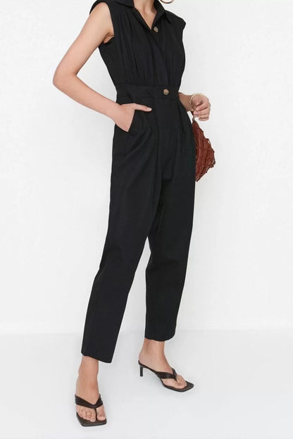 Women Fashion Standard Sleeve Wide Leg Shirt Collar Maxi Shirt Collar Sleeveless Gabardine Woven Jumpsuit