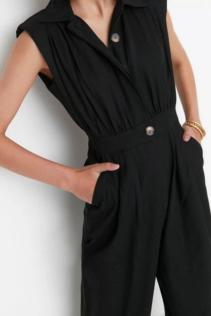 Women Fashion Standard Sleeve Wide Leg Shirt Collar Maxi Shirt Collar Sleeveless Gabardine Woven Jumpsuit