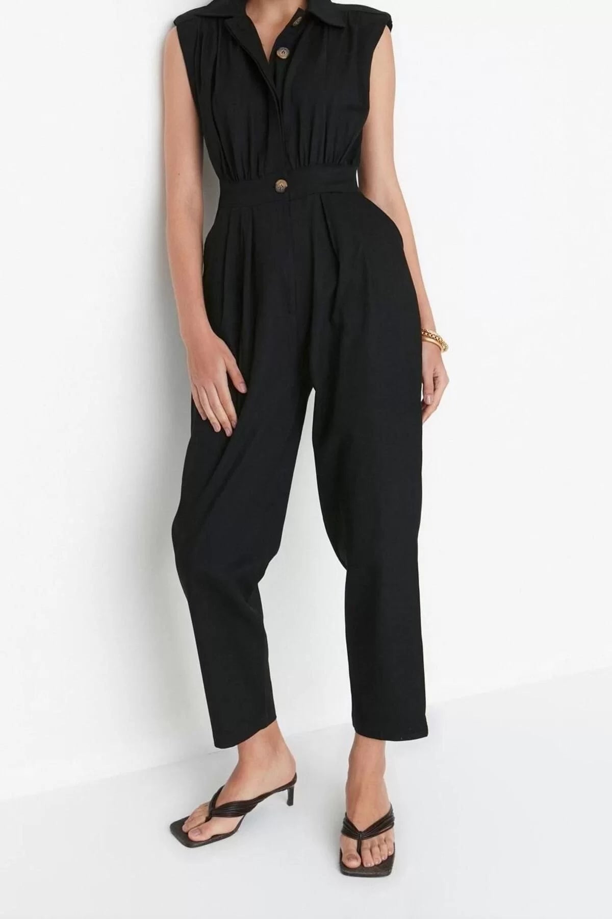 Women Fashion Standard Sleeve Wide Leg Shirt Collar Maxi Shirt Collar Sleeveless Gabardine Woven Jumpsuit