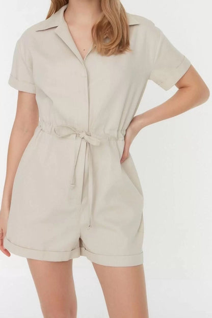 Women's Fashion Standard Sleeve Tube Leg Shirt Collar Short Tie Detail Gabardine Super Mini Woven Jumpsuit