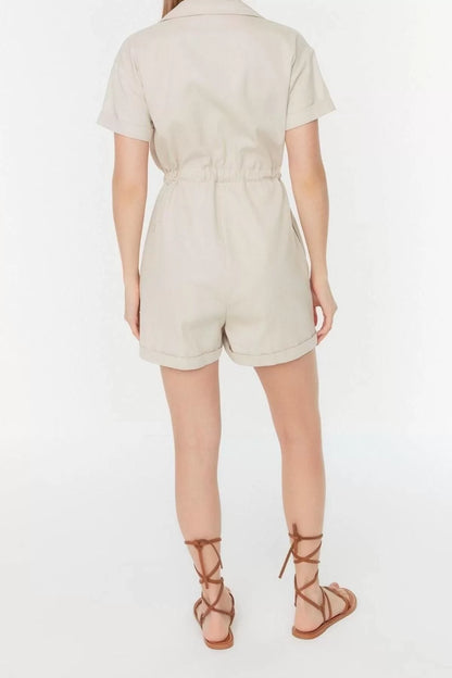 Women's Fashion Standard Sleeve Tube Leg Shirt Collar Short Tie Detail Gabardine Super Mini Woven Jumpsuit