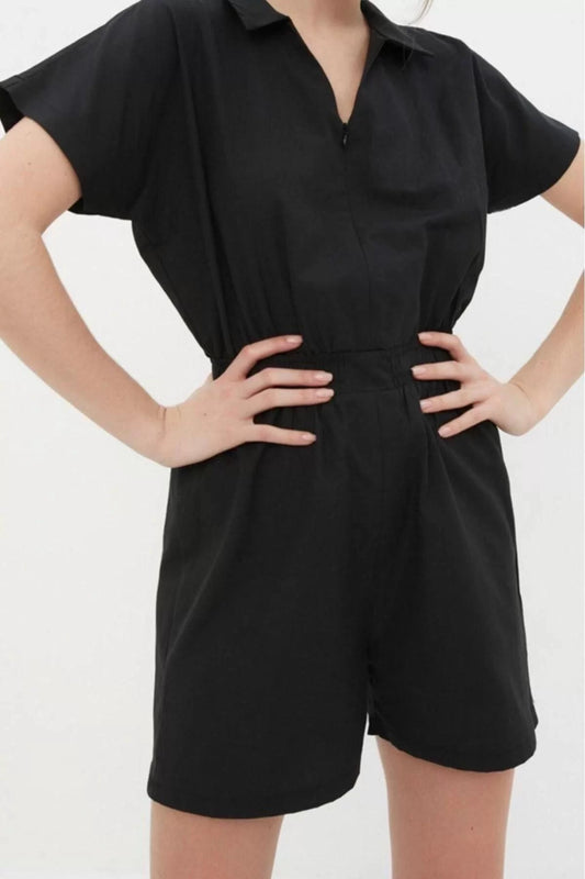 Women's Fashion Standard Sleeve Wide Leg Shirt Collar Short Waist Elastic Gabardine Mini Woven Jumpsuit