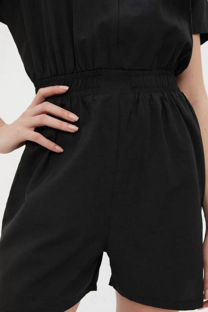 Women's Fashion Standard Sleeve Wide Leg Shirt Collar Short Waist Elastic Gabardine Mini Woven Jumpsuit