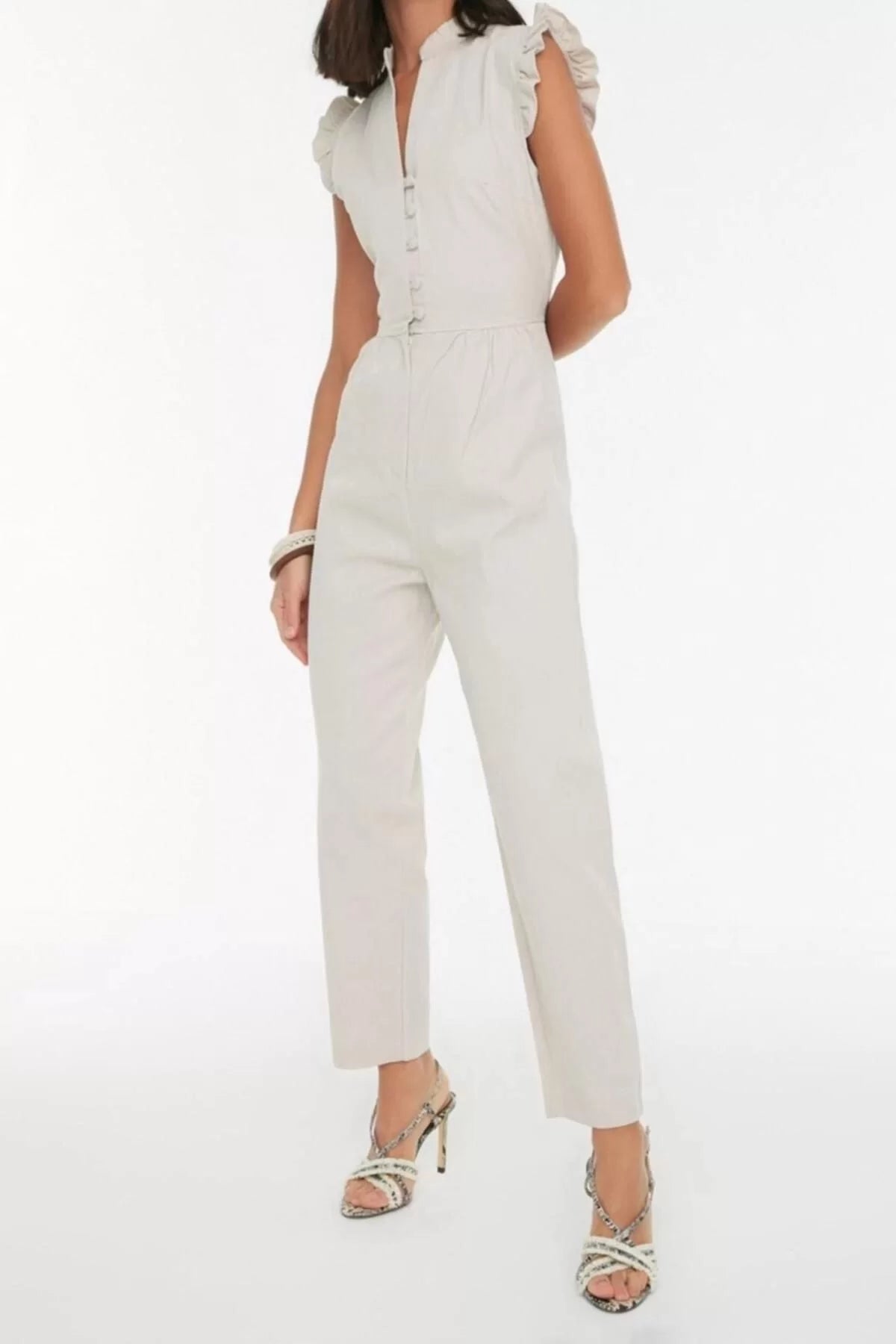 Women's Fashion Standard Sleeve Pipe Leg Judge Collar Long Stone Ruffle and Button Detailed Long Woven Jumpsuit