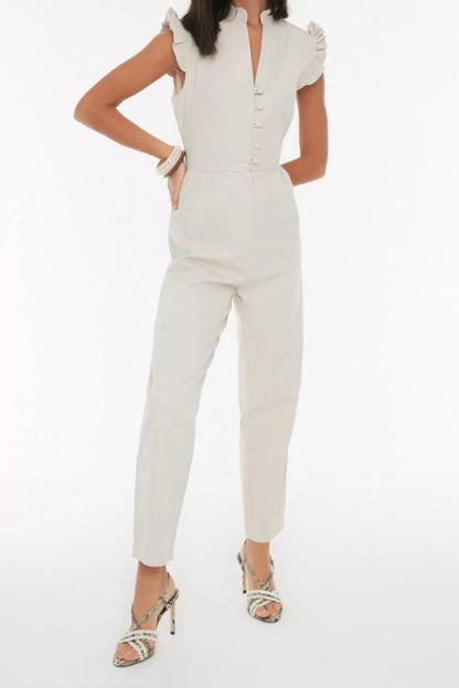 Women's Fashion Standard Sleeve Pipe Leg Judge Collar Long Stone Ruffle and Button Detailed Long Woven Jumpsuit