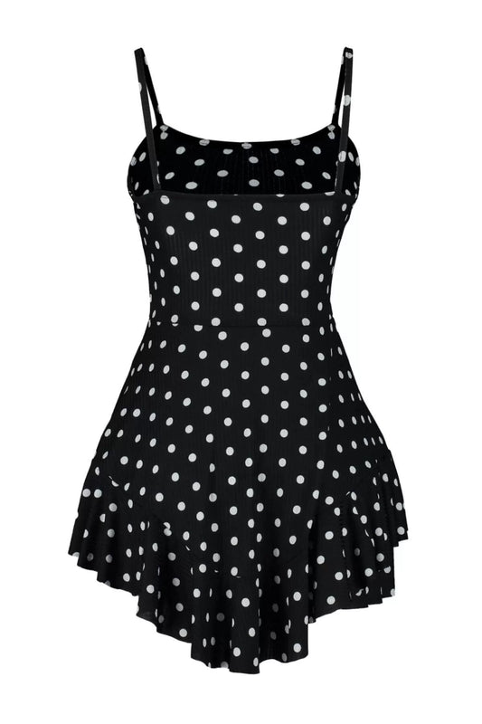 Women Fashion Skinny Leg Square Neck Polka Dot Pattern Short Black Strap Flounce Shorts Mini Jumpsuit