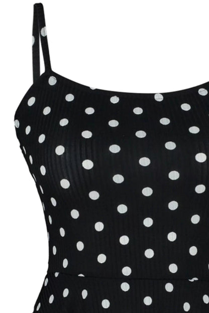 Women Fashion Skinny Leg Square Neck Polka Dot Pattern Short Black Strap Flounce Shorts Mini Jumpsuit