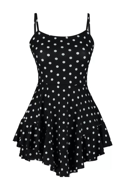 Women Fashion Skinny Leg Square Neck Polka Dot Pattern Short Black Strap Flounce Shorts Mini Jumpsuit