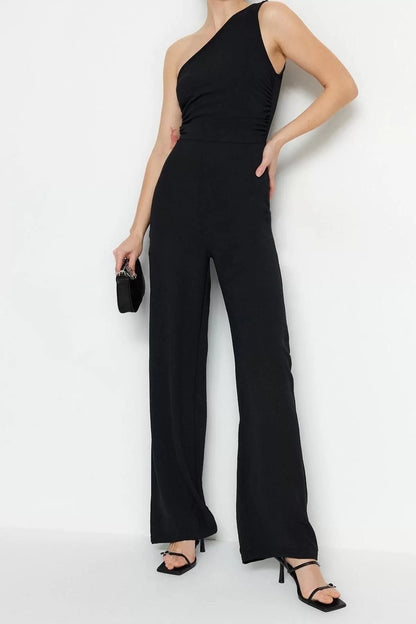 Women Fashion Single Sleeve Tube Leg Asymmetrical Neck Plain Pattern Long One Shoulder Maxi Wide Leg Woven Jumpsuit