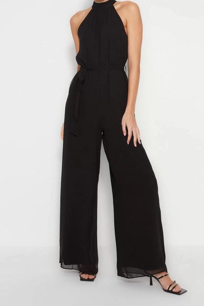 Women Fashion Standard Sleeve Wide Leg Halter Neck Long Belted Maxi Chiffon Lined Woven Jumpsuit