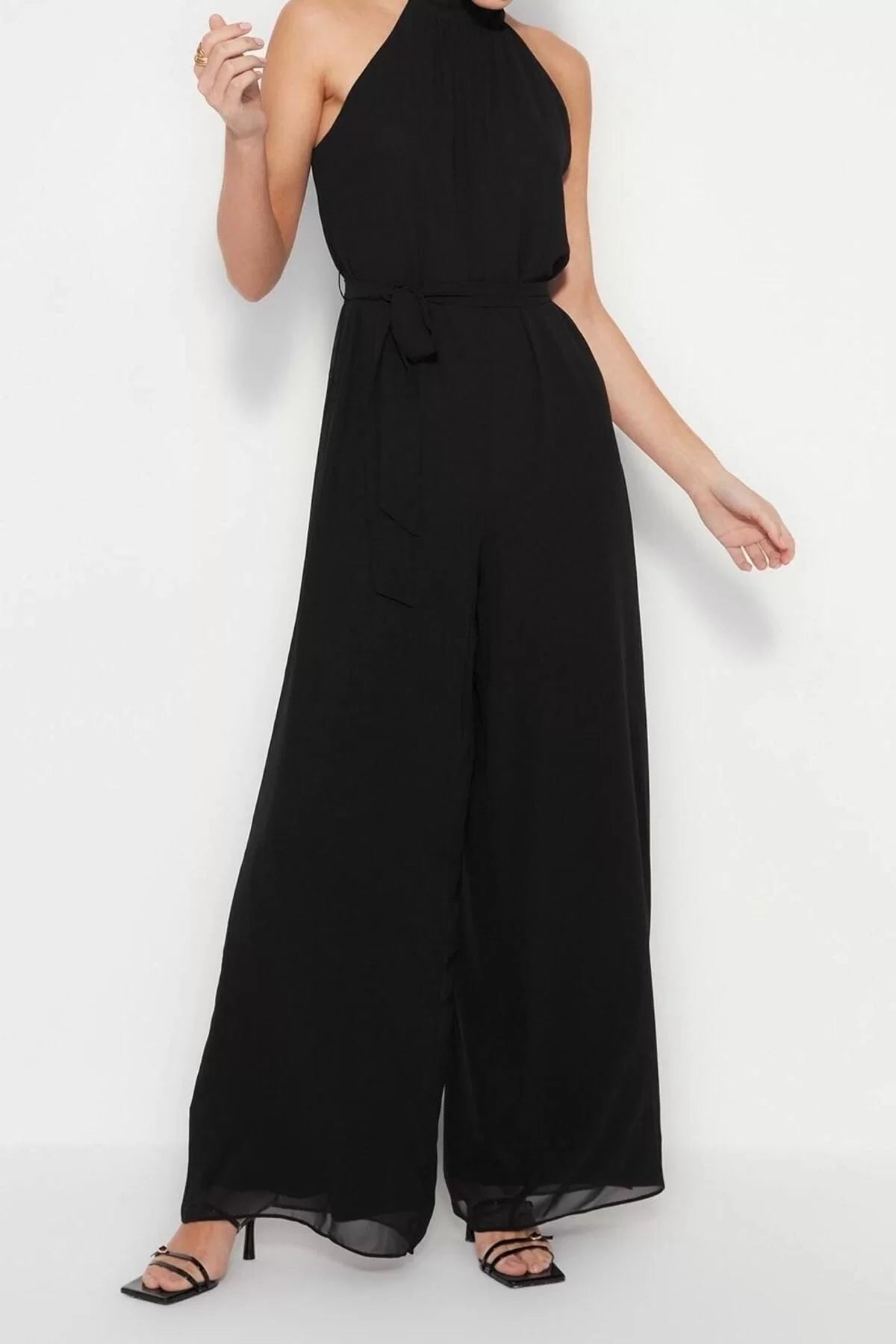 Women Fashion Standard Sleeve Wide Leg Halter Neck Long Belted Maxi Chiffon Lined Woven Jumpsuit