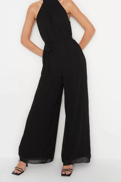 Women Fashion Standard Sleeve Wide Leg Halter Neck Long Belted Maxi Chiffon Lined Woven Jumpsuit