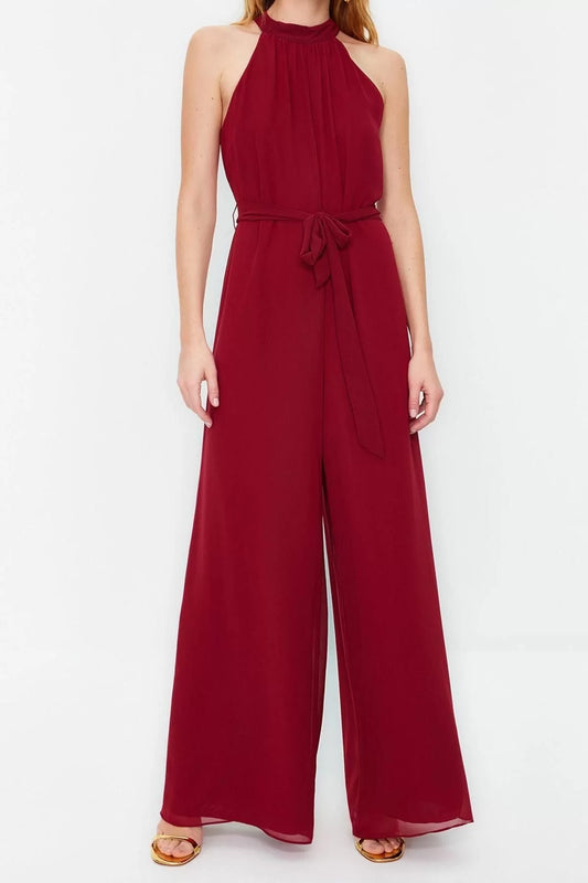 Women Fashion Standard Sleeve Wide Leg Halter Neck Long Belted Maxi Chiffon Lined Woven Jumpsuit