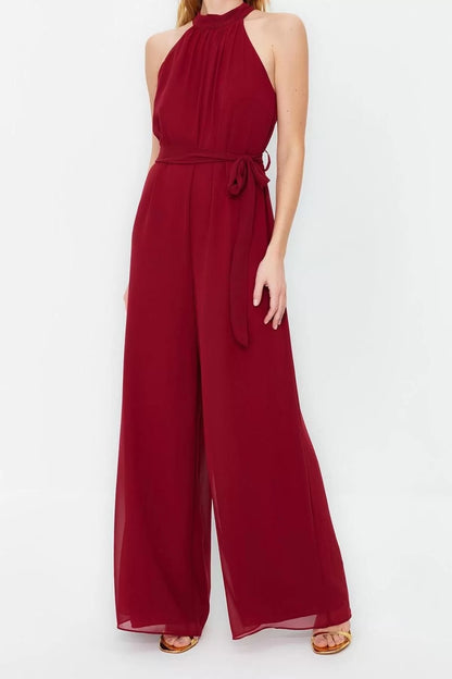 Women Fashion Standard Sleeve Wide Leg Halter Neck Long Belted Maxi Chiffon Lined Woven Jumpsuit