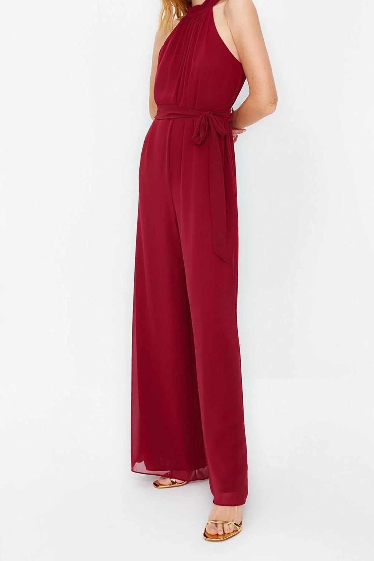 Women Fashion Standard Sleeve Wide Leg Halter Neck Long Belted Maxi Chiffon Lined Woven Jumpsuit