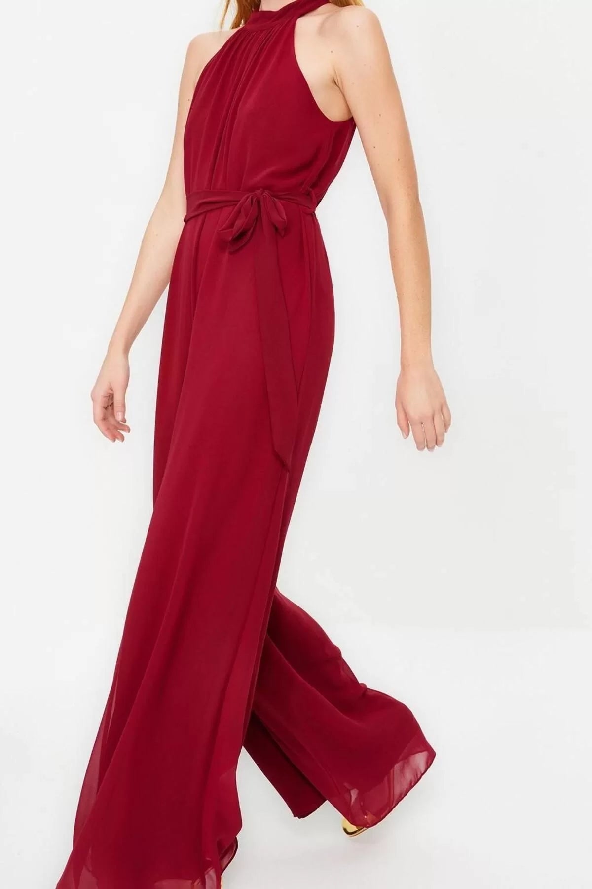 Women Fashion Standard Sleeve Wide Leg Halter Neck Long Belted Maxi Chiffon Lined Woven Jumpsuit