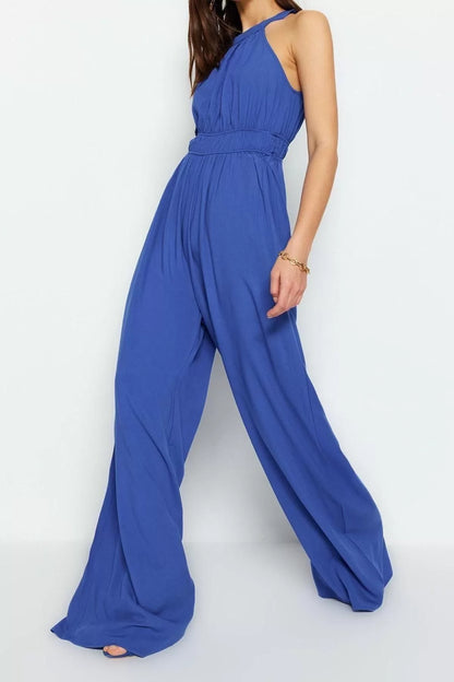 Women's Fashion Raglan Sleeve Tube Hem Halter Neck Long Waist Gather Detail Wide Leg Maxi Woven Jumpsuit