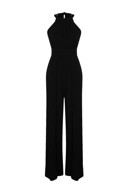 Women's Fashion Raglan Sleeve Tube Hem Halter Neck Long Waist Gather Detail Wide Leg Maxi Woven Jumpsuit