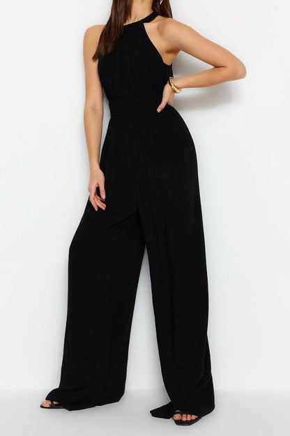 Women's Fashion Raglan Sleeve Tube Hem Halter Neck Long Waist Gather Detail Wide Leg Maxi Woven Jumpsuit