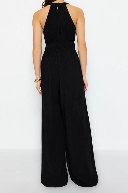 Women's Fashion Raglan Sleeve Tube Hem Halter Neck Long Waist Gather Detail Wide Leg Maxi Woven Jumpsuit