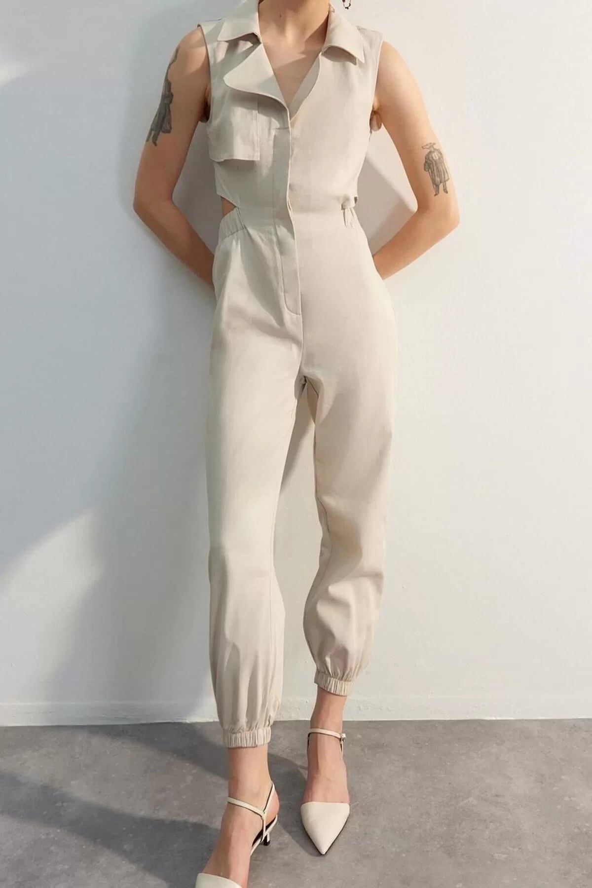 Women's Fashion Elastic Leg Jacket Collar Long Window Detail Maxi Woven Jumpsuit