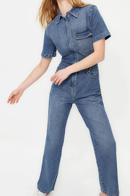 Women Fashion Raglan Sleeve Straight Leg Shirt Collar Plain Pattern Regular Short Sleeve Denim Jumpsuit