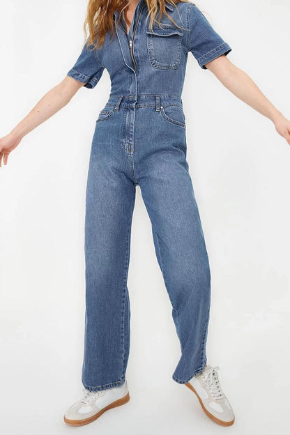 Women Fashion Raglan Sleeve Straight Leg Shirt Collar Plain Pattern Regular Short Sleeve Denim Jumpsuit