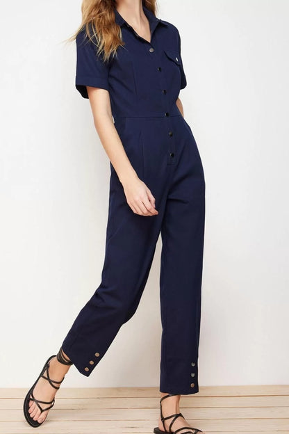 Women's Fashion Standard Sleeve Tube Leg Shirt Collar Plain Pattern Long Leg Button Detail Maxi Woven Jumpsuit