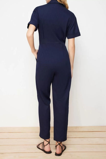 Women's Fashion Standard Sleeve Tube Leg Shirt Collar Plain Pattern Long Leg Button Detail Maxi Woven Jumpsuit