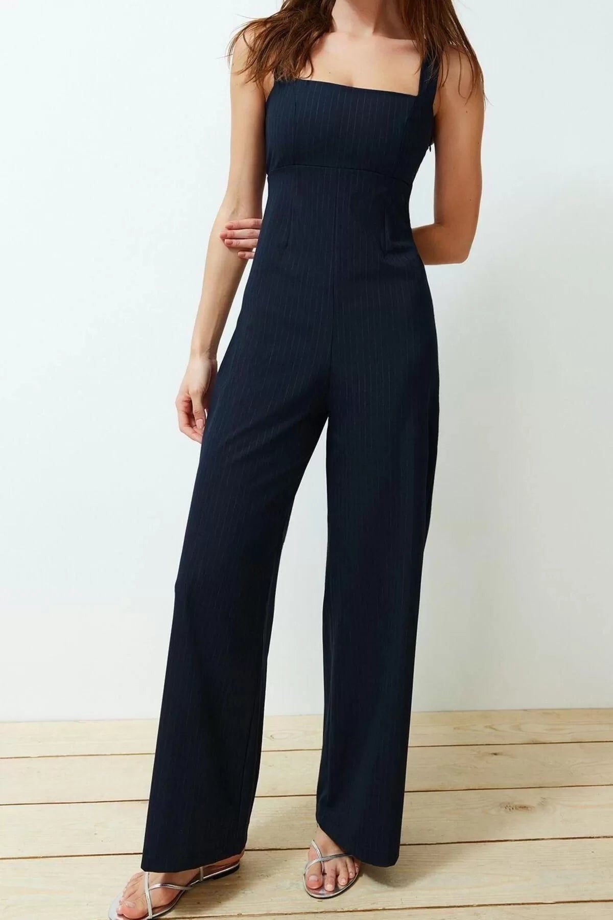 Women Fashion Standard Sleeve Tube Leg Square Neck Striped Pattern Maxi Striped Polyviscose Maxi Woven Jumpsuit