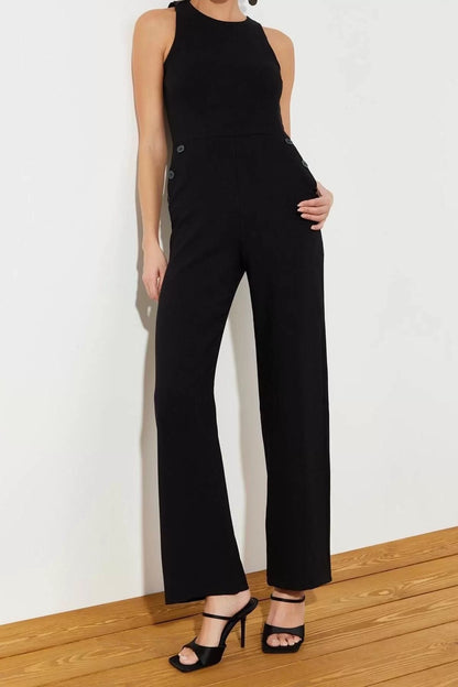 Women Fashion Raglan Sleeve Wide Leg Halter Neck Plain Pattern Long Pocket Detailed Maxi Woven Jumpsuit