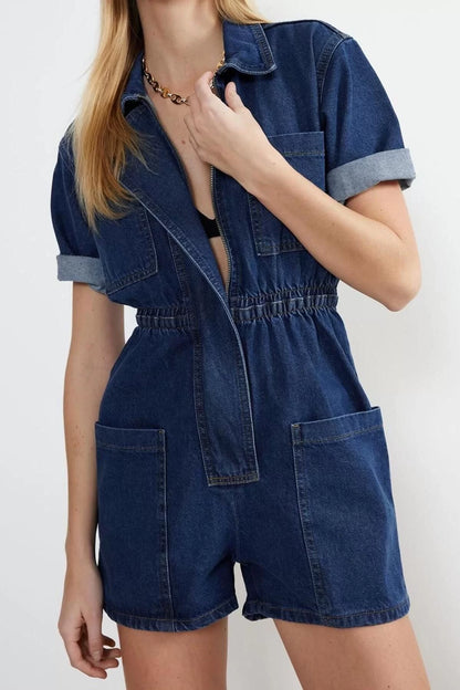 Women Fashion Standard Sleeve Straight Leg Stand Collar Plain Pattern Short Waist Elastic Denim Shorts Overalls