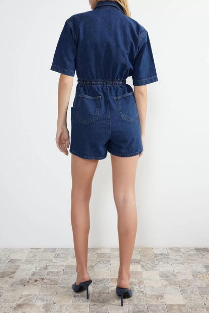 Women Fashion Standard Sleeve Straight Leg Stand Collar Plain Pattern Short Waist Elastic Denim Shorts Overalls