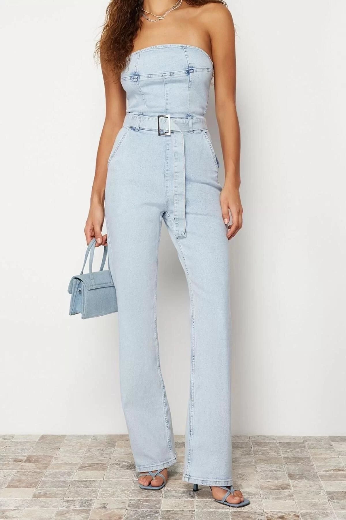 Women Fashion Standard Sleeve Wide Leg Strapless Plain Pattern Regular Belted Strapless Denim Jumpsuit