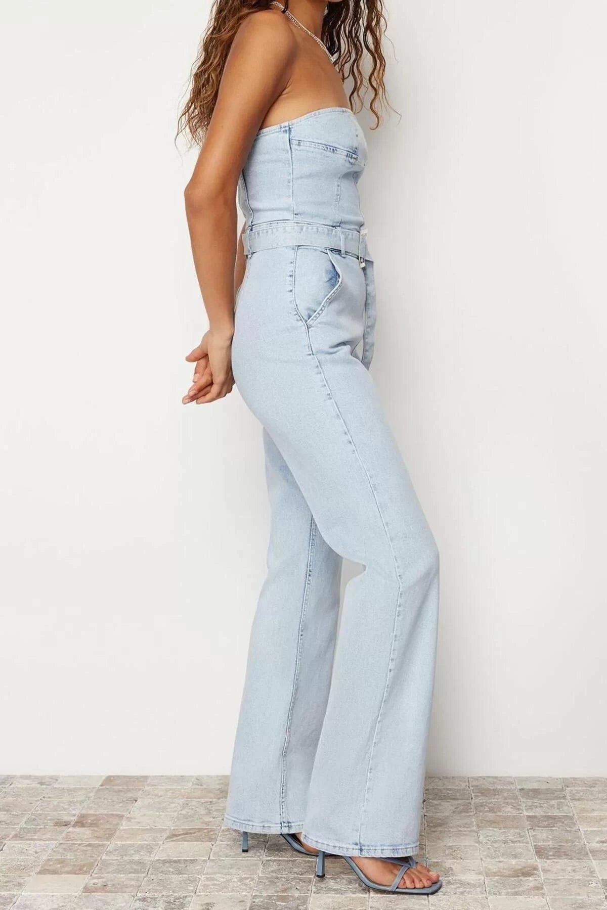 Women Fashion Standard Sleeve Wide Leg Strapless Plain Pattern Regular Belted Strapless Denim Jumpsuit